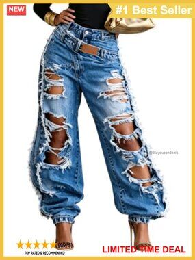 Womens High Rise Baggy Barrel Jeans Ripped Distressed Denim